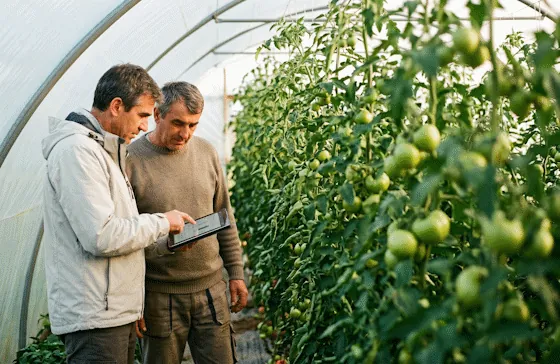 Enten agronomist checking crop health in a polytunnel