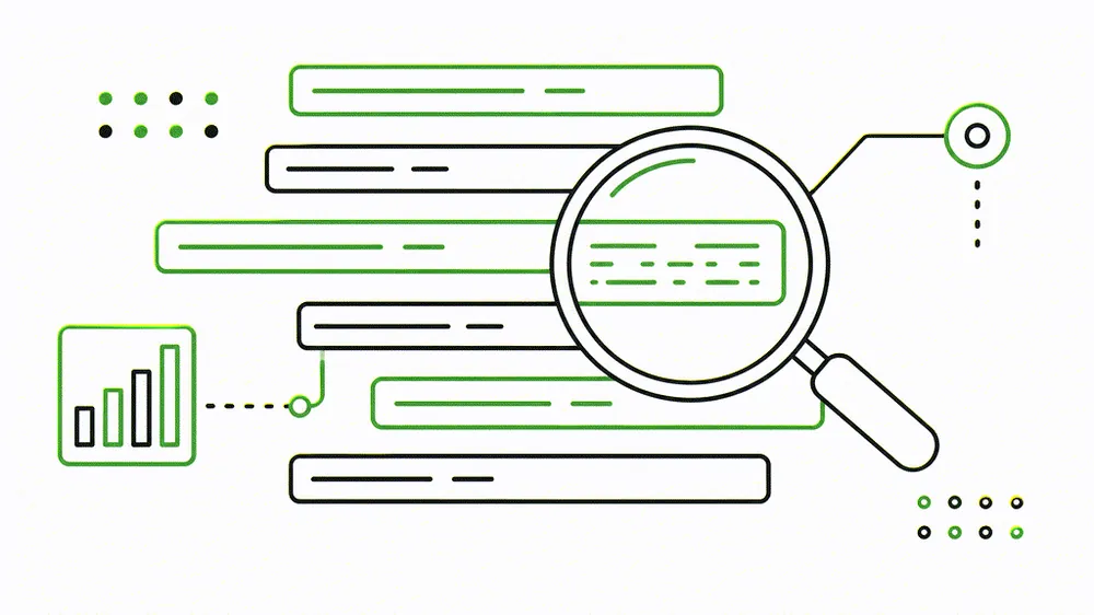 Illustration: horizontal bars with a magnifying glass, suggesting data analysis