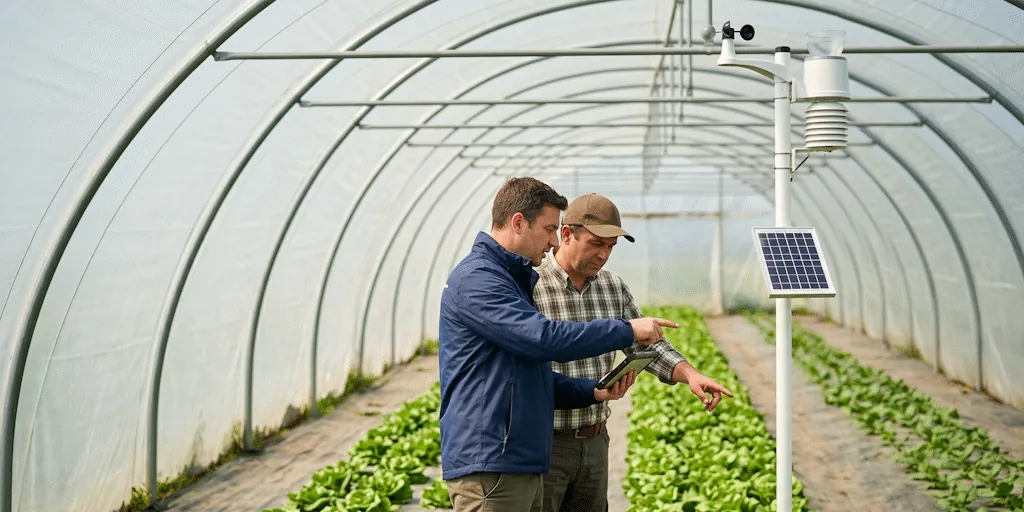 Enten technician and agronomist checking an IoT device in a polytunnel